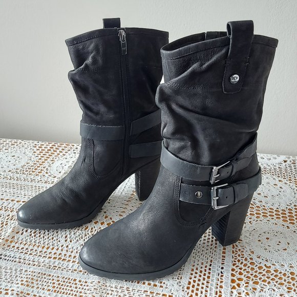 Marc Fisher Slouchy Boots 7.5 Black Leather Mid-Calf Block Heel Zip Buckle Strap - Picture 1 of 16